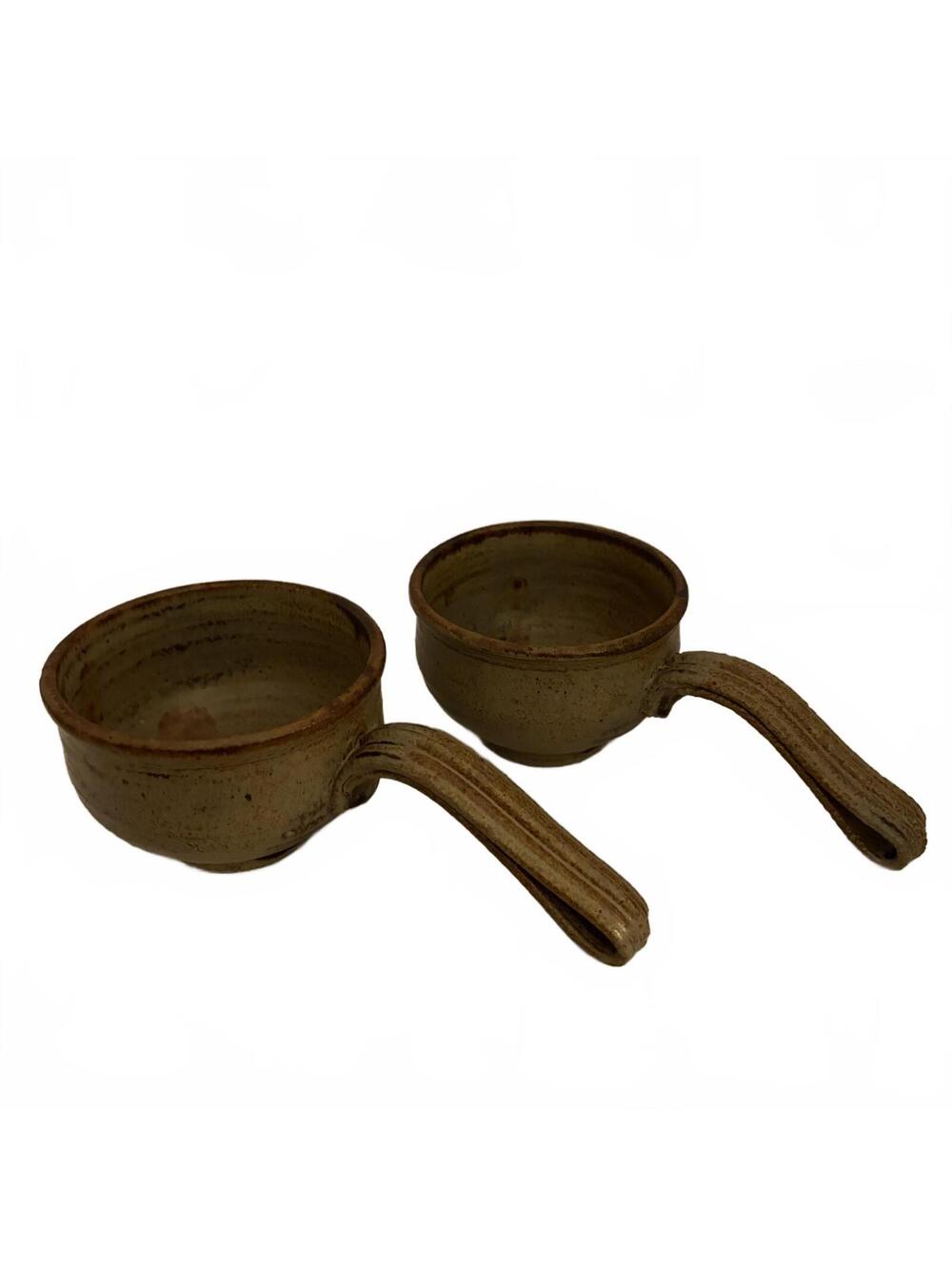 Pair of handmade ceramic saucepans or mugs with loop handles by Pierre Digan.